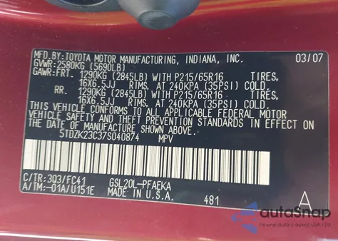 2007 Toyota Sienna Le z USA, uszkodzony, nr VIN 5TDZK23C37S040874